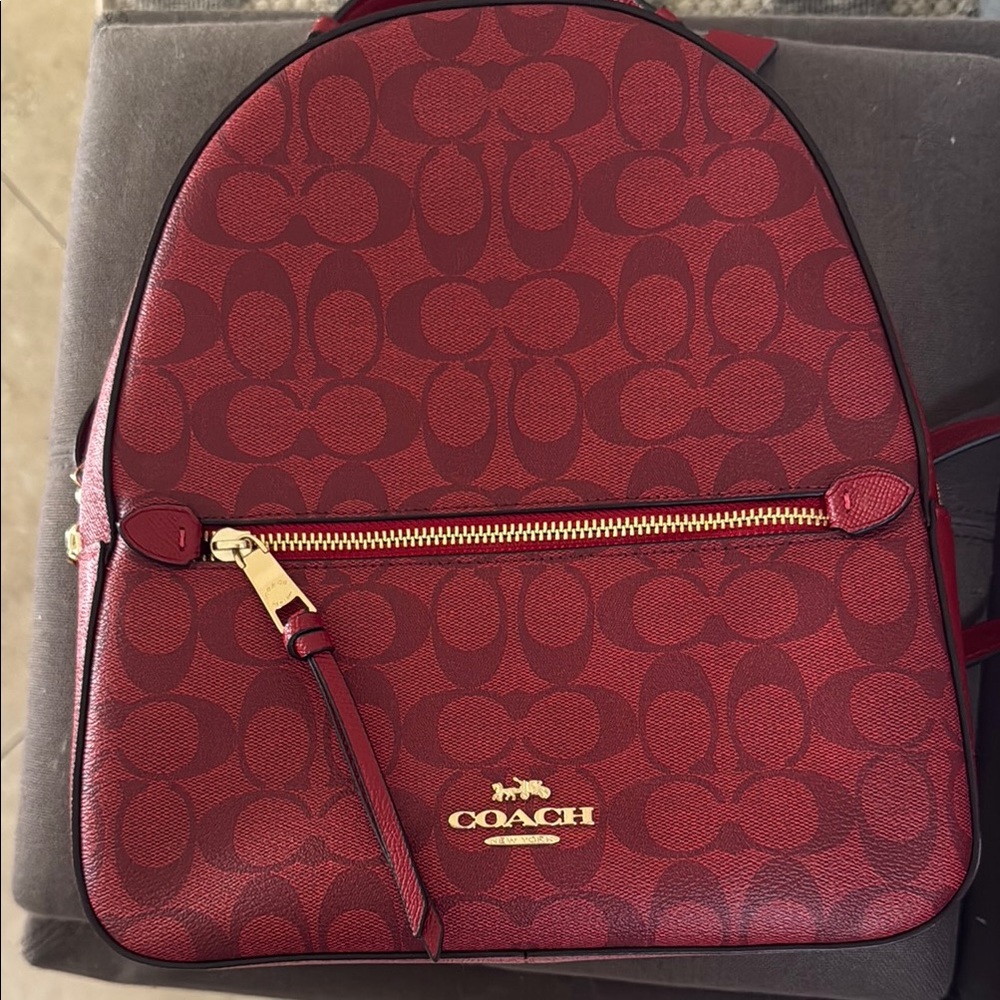 Coach Red Backpack With Monogram Pattern And Gold… - image 1